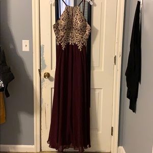 Maroon and Gold floor length prom dress